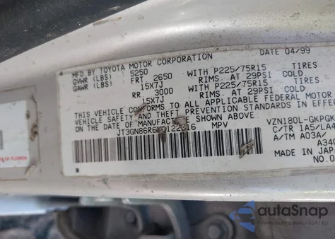 1999 Toyota 4Runner Sr5 V6 из США, поврежденный, VIN JT3GN86R6X0122316